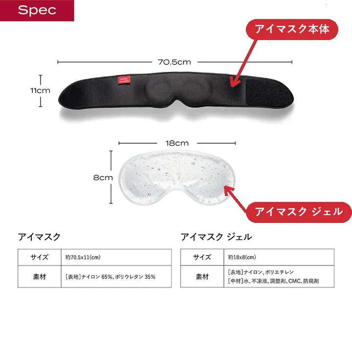 ブレインスリープ アイマスク本体とアイマスク ジェルのサイズと素材(矢印で本体とジェルを示した図)