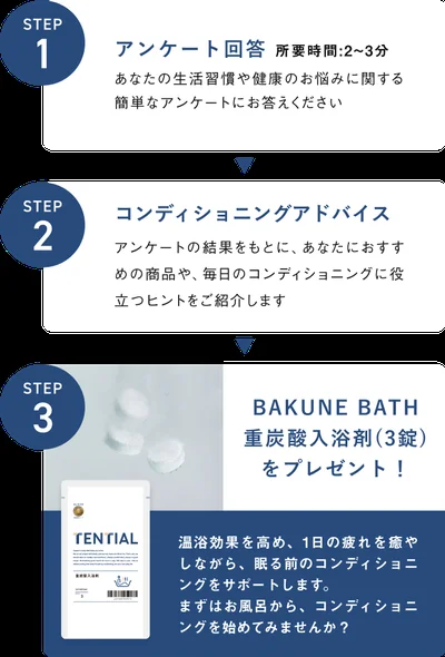秋のコンディショニングチェック アンケート回答でBAKUNE BATH 重炭酸入浴剤(3錠)をプレゼント